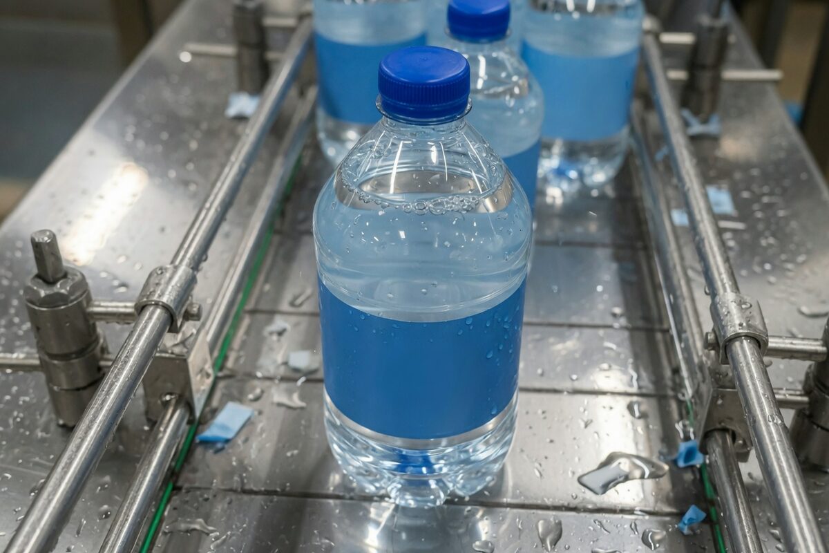 One capped bottle on the main conveyor