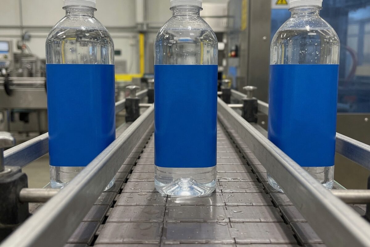 A clear bottle with a solid blue label sitting flat and square
