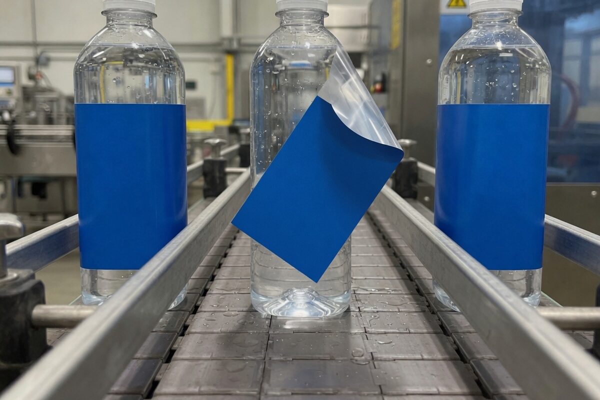 An upright clear bottle with a solid blue label and one corner peeled up