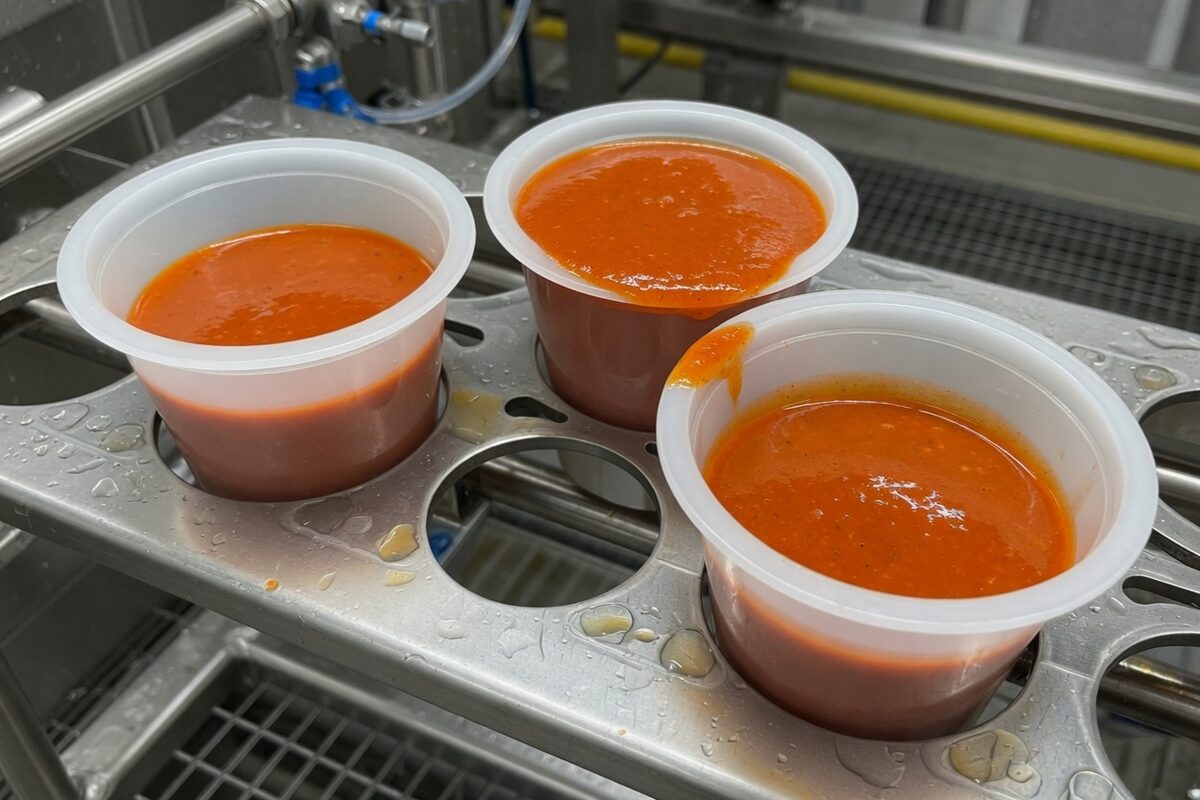 One cup with sauce running over the rim