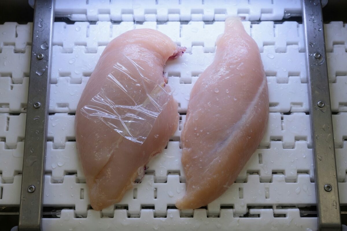 Two raw chicken breasts with a scrap of clear plastic film on one