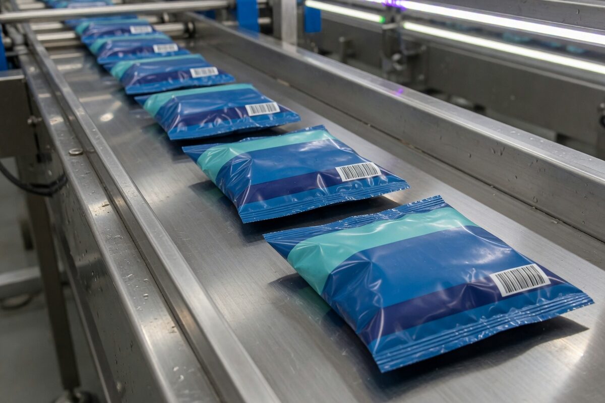 One pouch wrapped in blue film