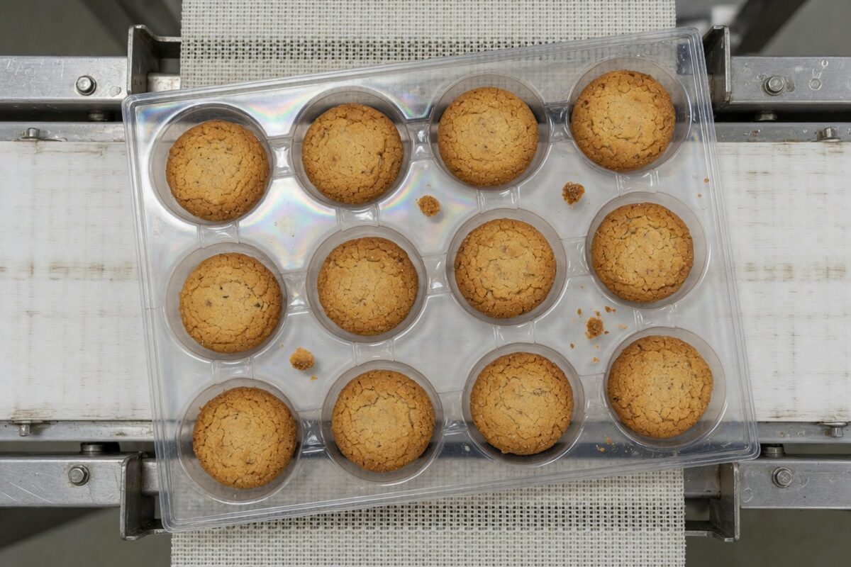 A tray of cookies with a cookie in every pocket