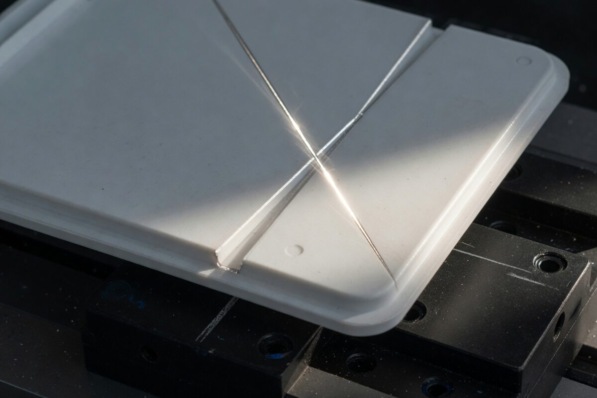 A molded housing with flash along the edge and a scratch across the face