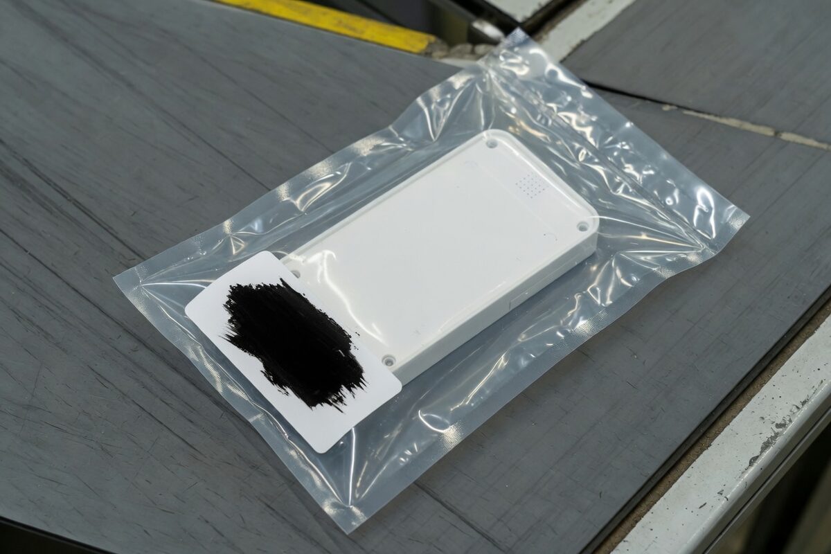 A white device in a clear pouch whose label is covered by a black ink smear