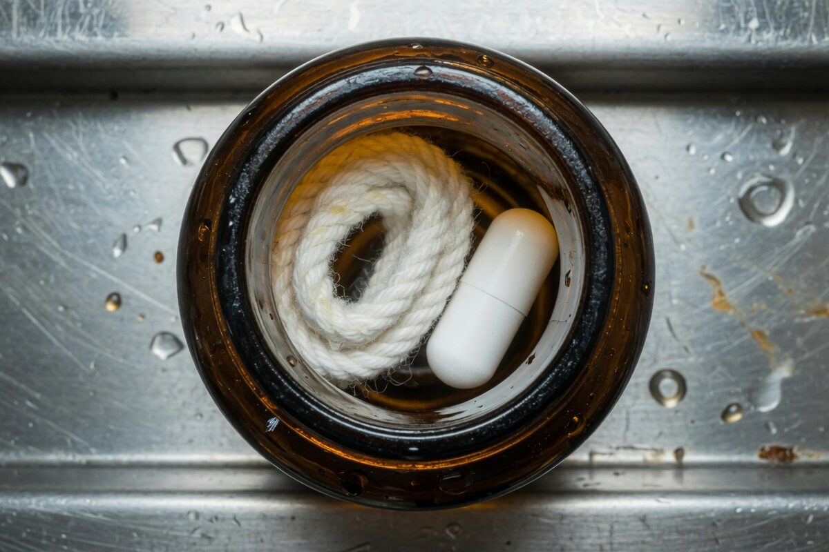 Looking into an amber bottle with one cotton and the desiccant canister in the neck