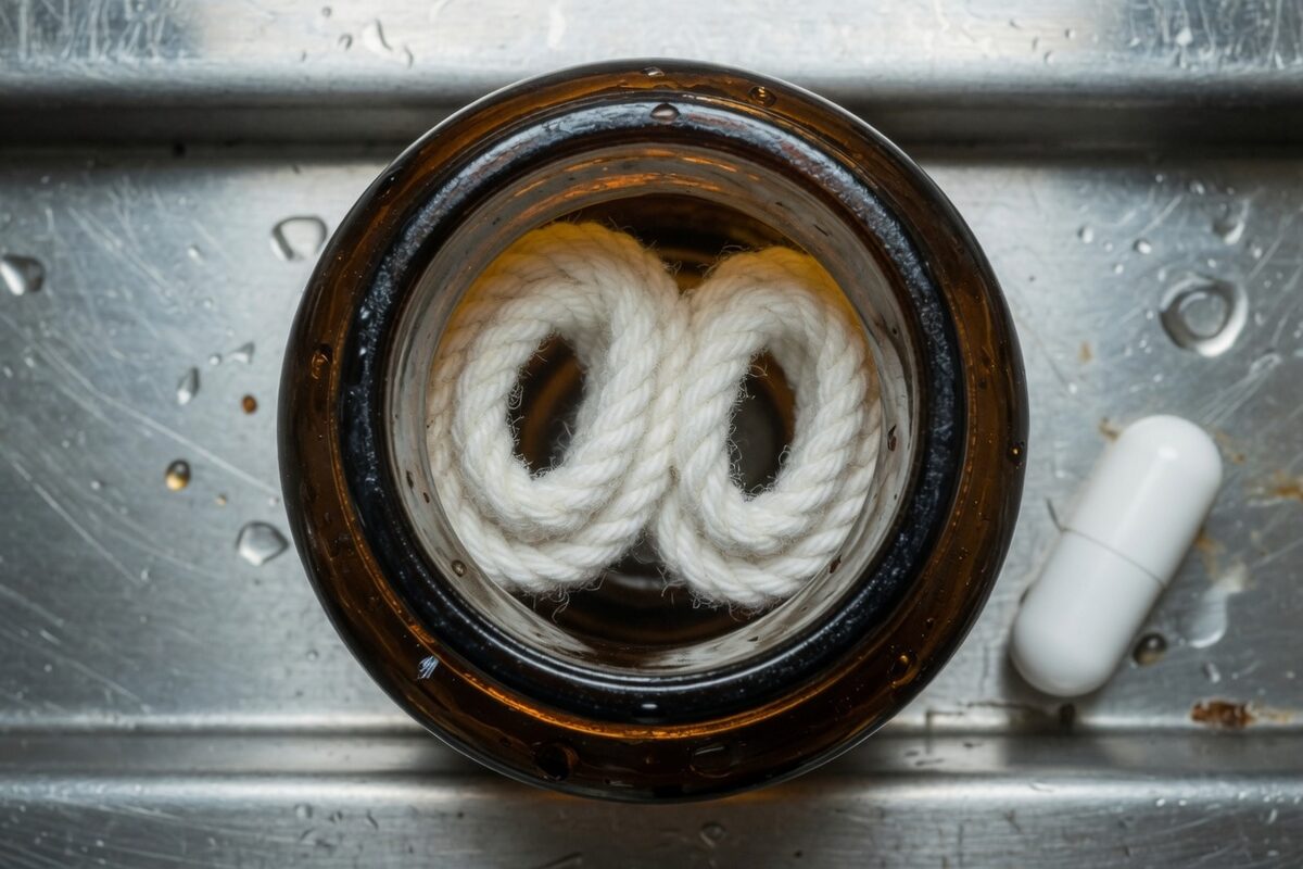 Looking into an amber bottle with two cottons in the neck and the desiccant canister outside