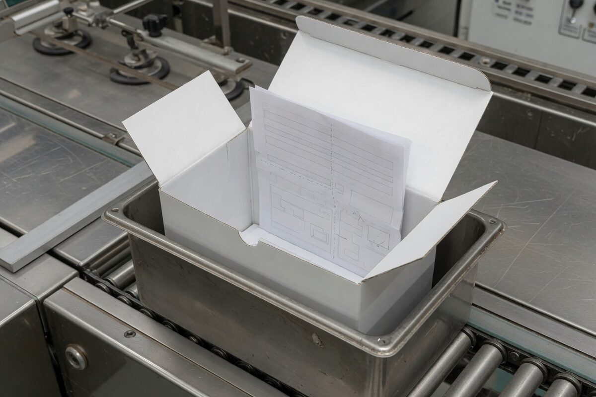 An open carton with the folded leaflet inside it