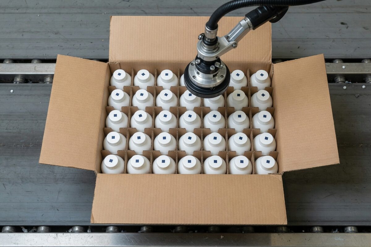 A white bottle seated in a cell with the gripper clear