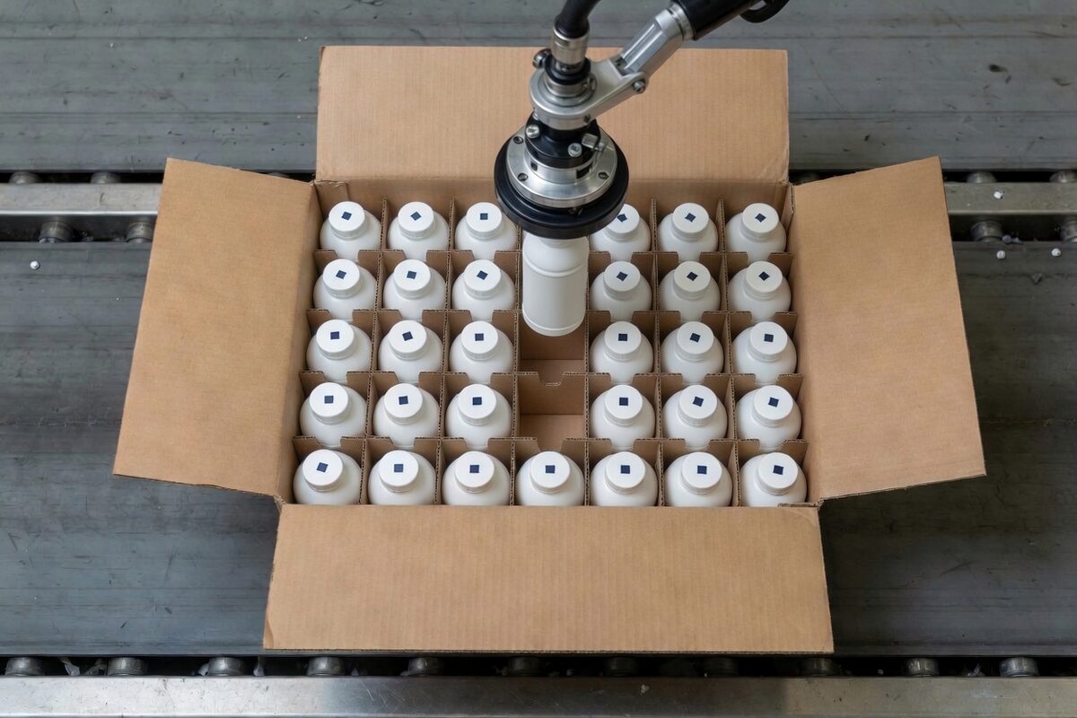 A gripper holding a white bottle above an empty cell