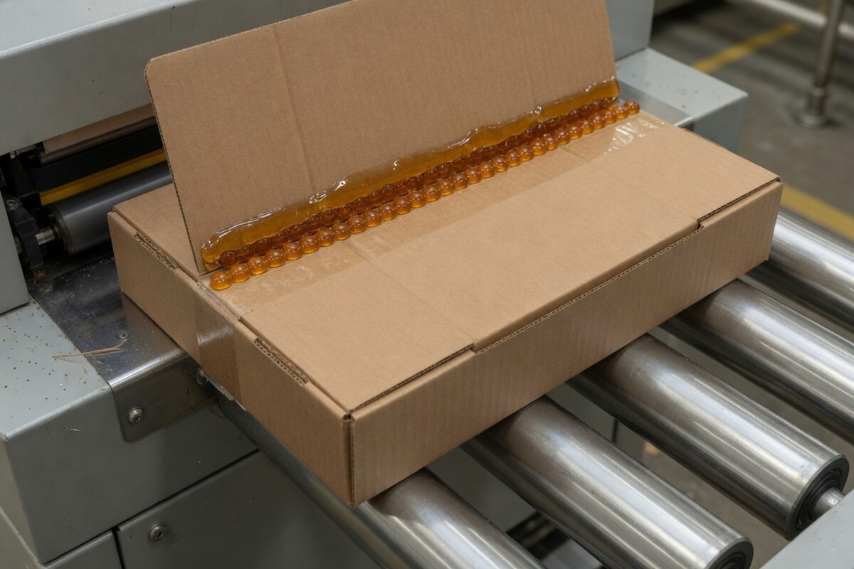 An open carton flap with the glue bead in the opening instead of under the flap