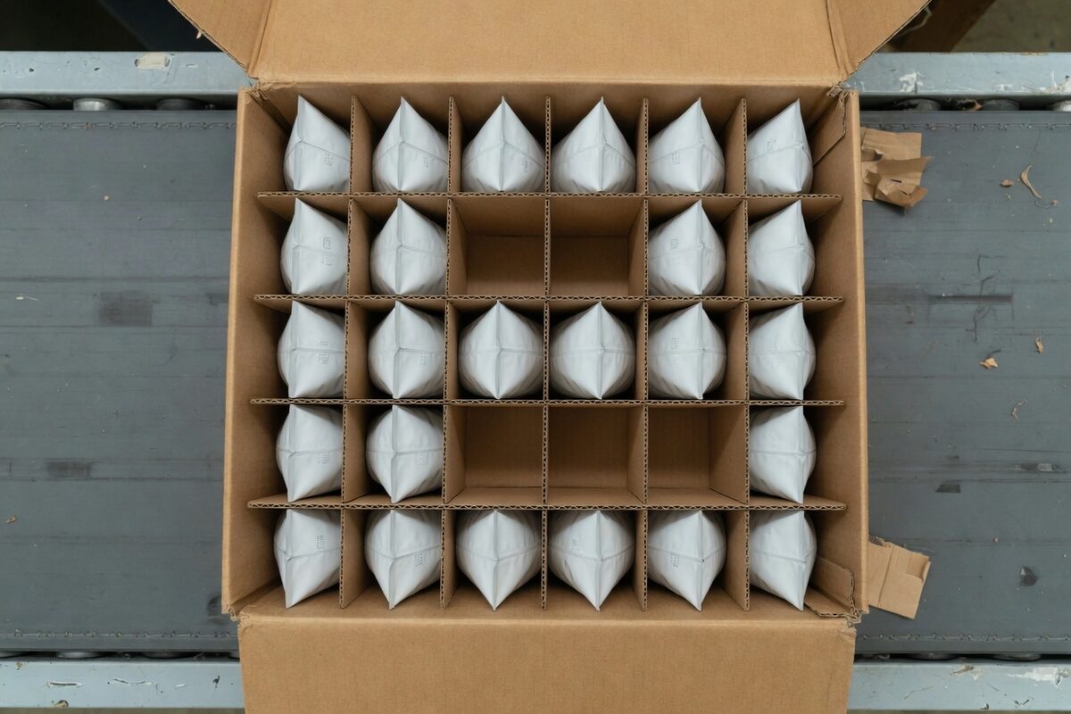 An open case of white pouches with several empty cells
