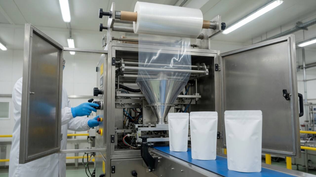Open bagging machine with an operator turning a small knob, and narrow and wide white pouches on the belt