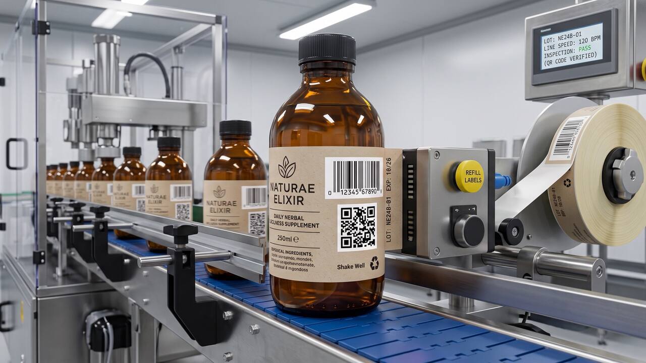 Amber bottle on a packaging conveyor, with a barcode and a 2D code on the side label beside a labeler
