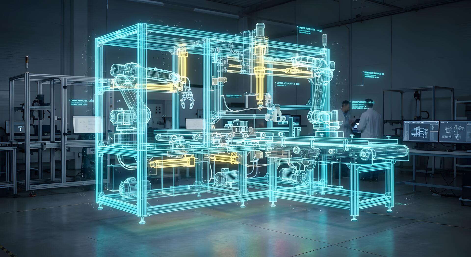 CAD model of a custom inspection and robotics system overlaid on the shop floor