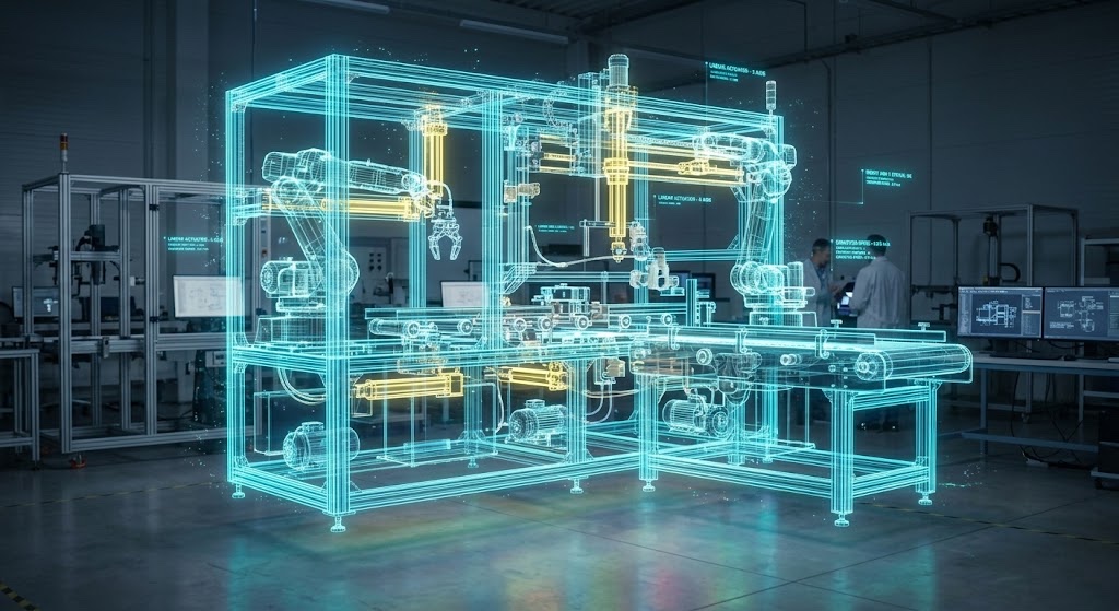 CAD model of a custom inspection and robotics system overlaid on the shop floor