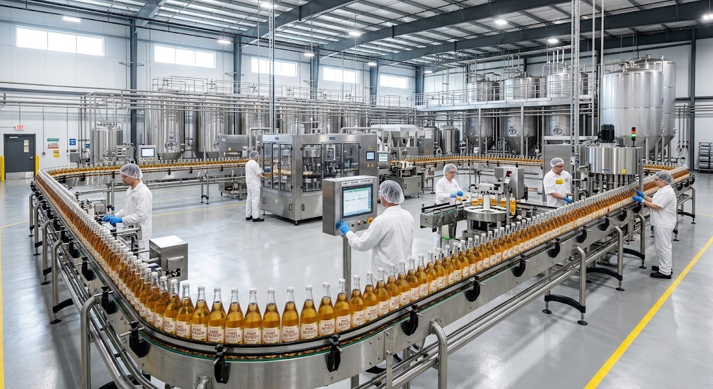 Hygienic food line: bottles on a stainless conveyor, HMI, and operators in washdown dress
