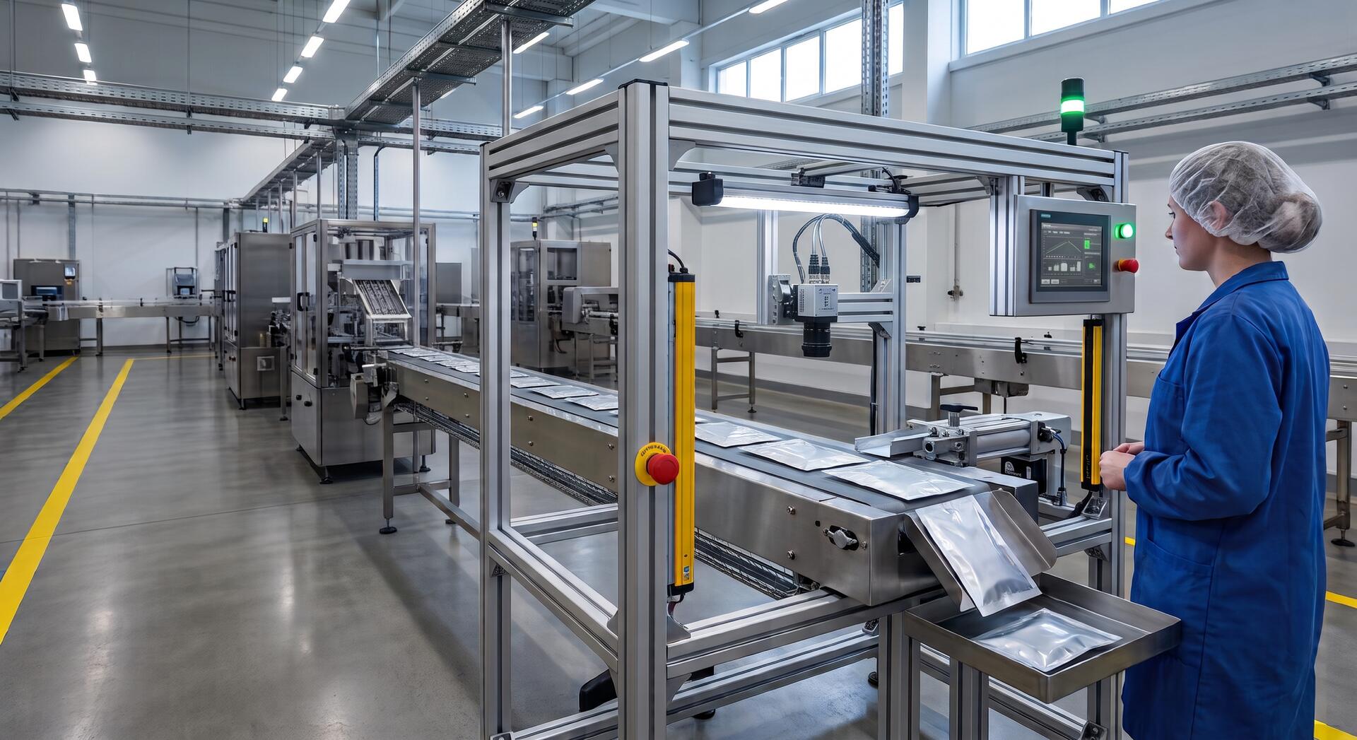 Vision inspection station on a packaging line, with a camera over the conveyor and an operator at the screen