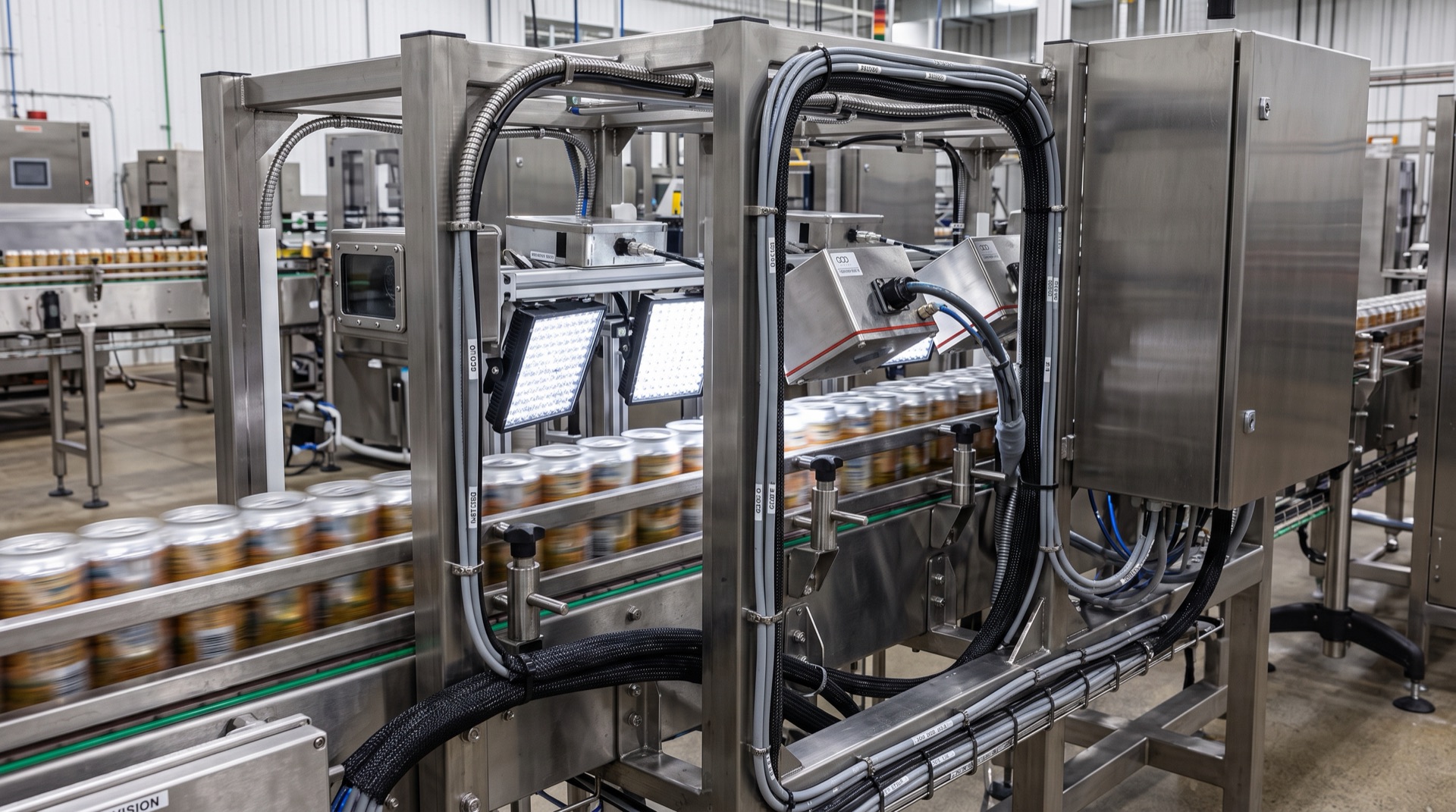 Stainless inspection system with cameras, lighting, and cans on the conveyor