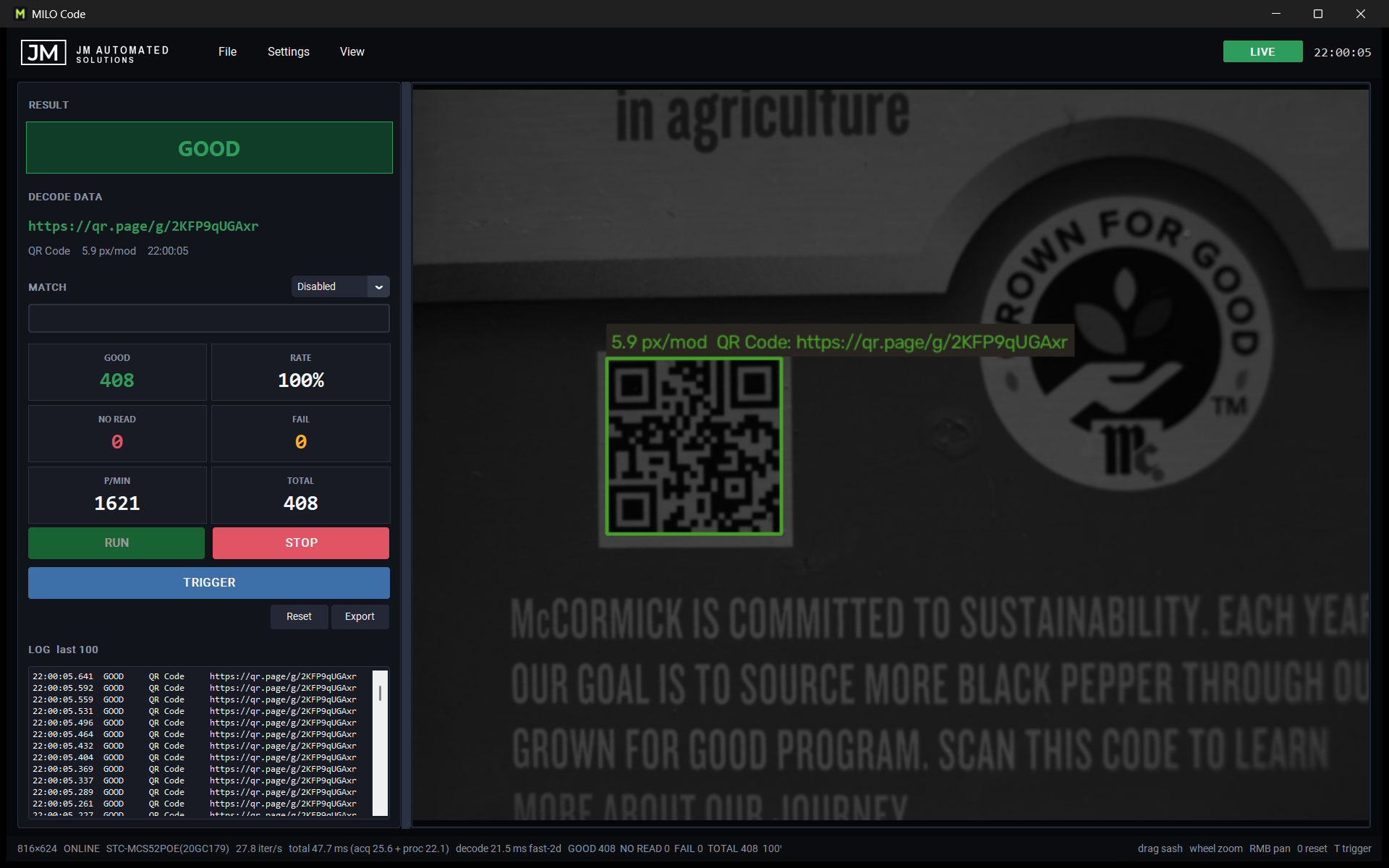 MILO Code station software: live camera on a 2D code with a green decode box, GOOD result, decode data, counts, and a log of the last 100 reads