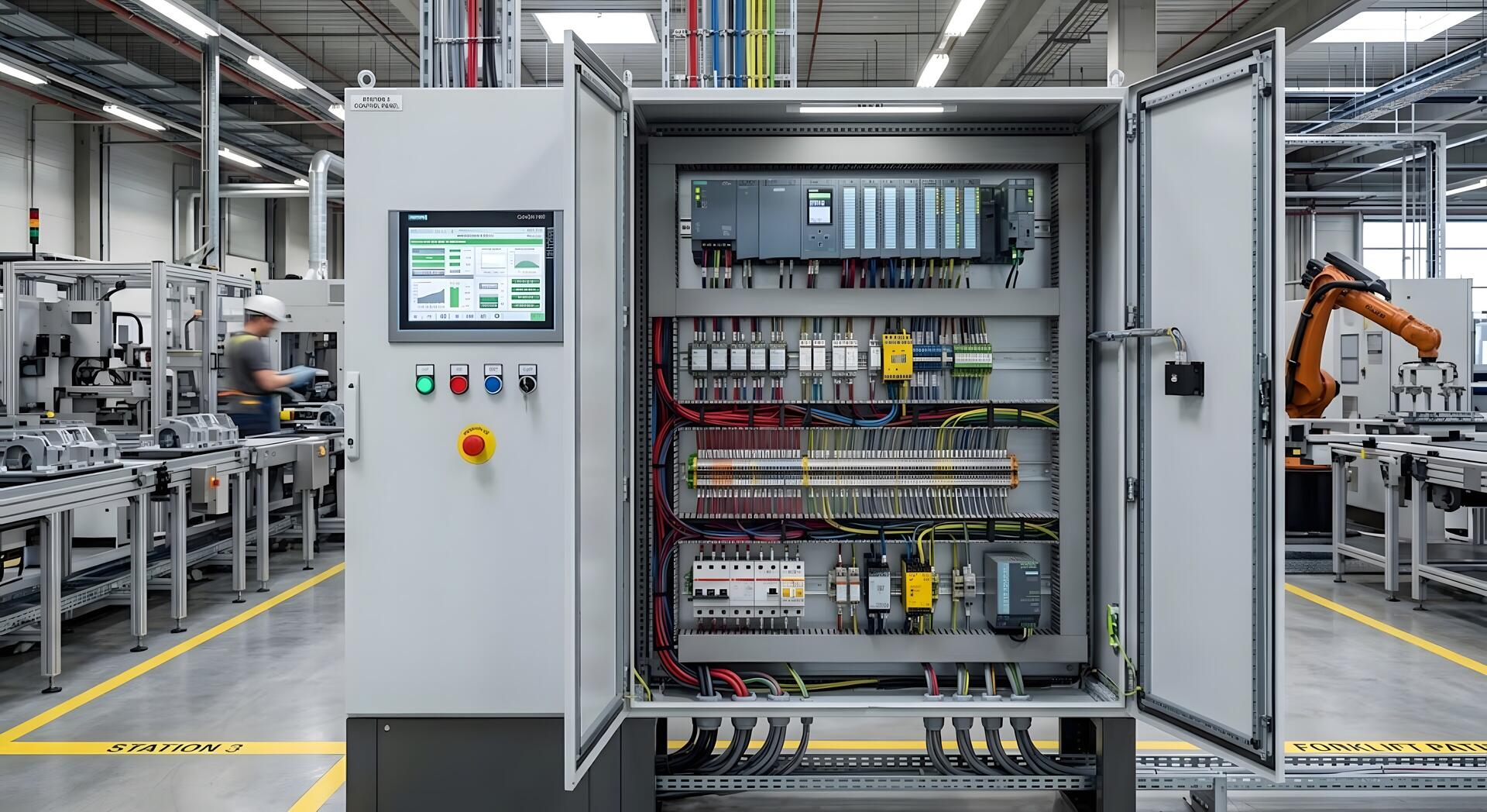 Open industrial control panel with PLC, HMI, and wiring