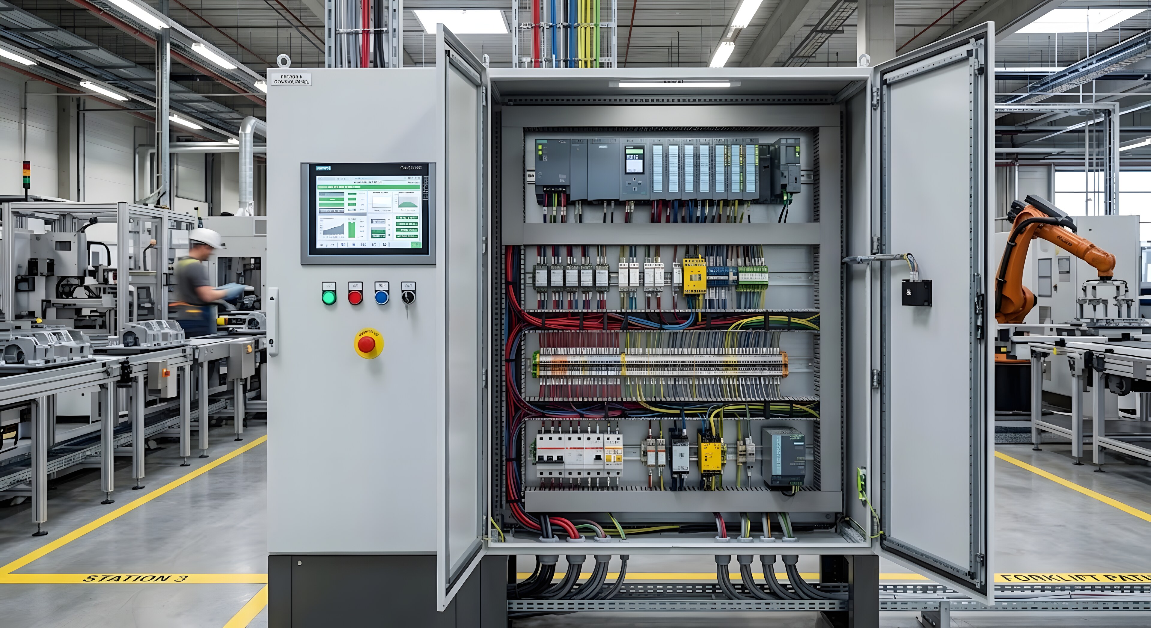 Open control cabinet with PLC, HMI and field wiring