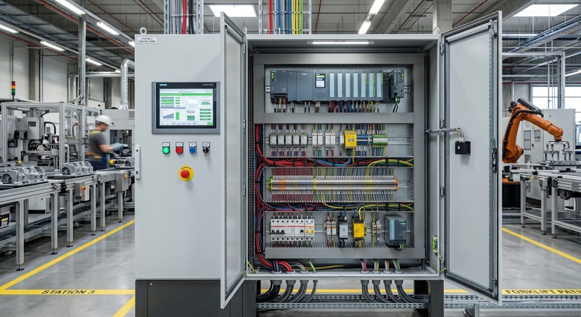 Open industrial control panel with PLC, HMI, and wiring