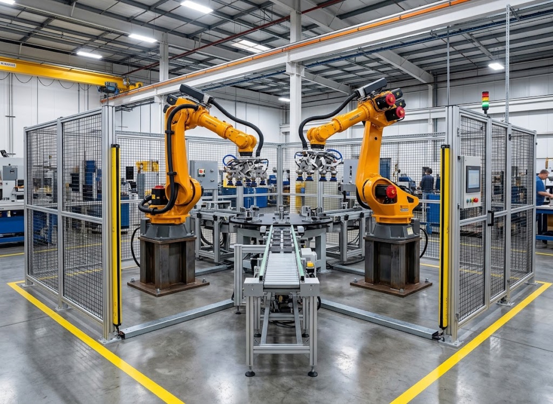 Dual robot system with fencing, conveyor, and rotary table