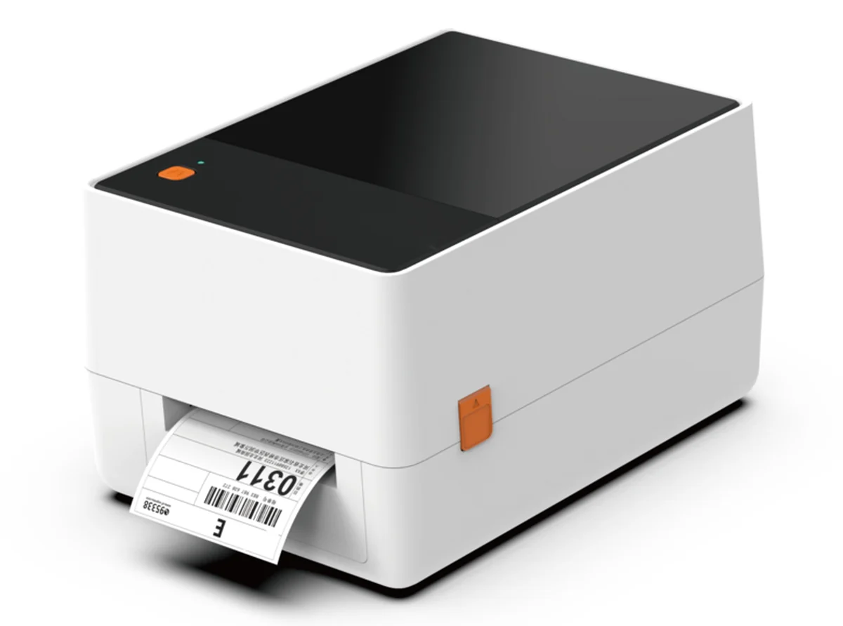 Desktop thermal label printer feeding out a printed barcode label
