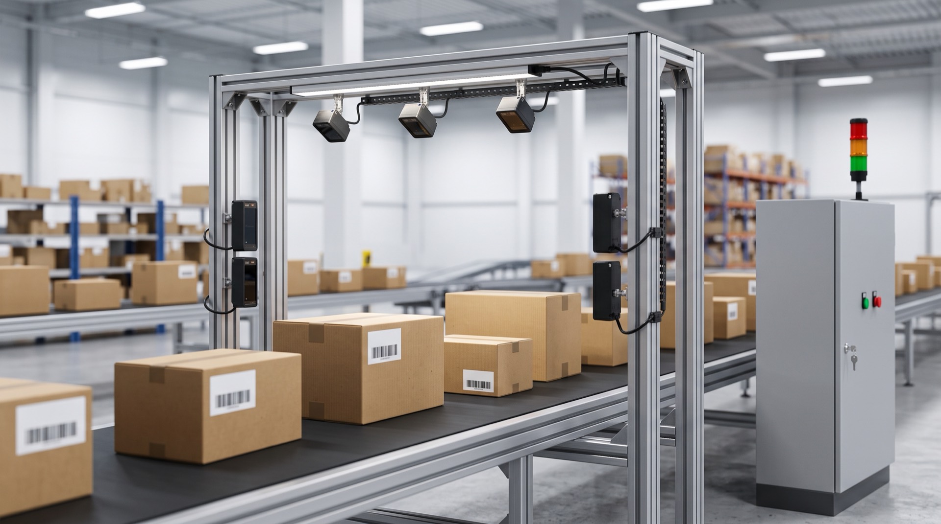 An open frame of barcode readers over cartons on a conveyor, with the control panel beside the belt