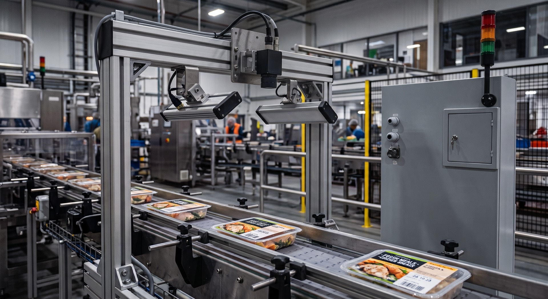 A single camera and two lights on a frame over packaged meals, with the control panel beside the conveyor