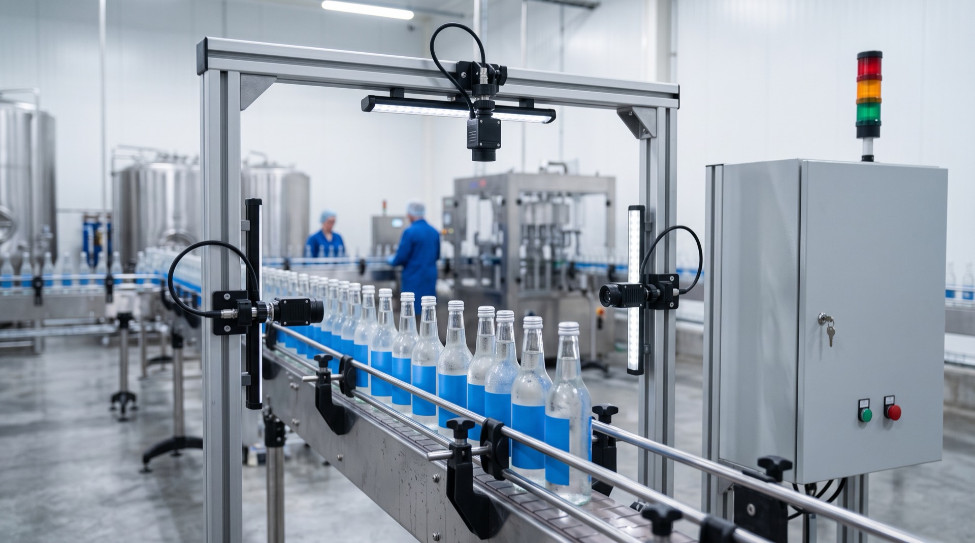 Three cameras and lights on a frame over glass bottles, with the control panel beside the conveyor